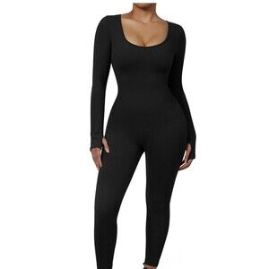 SUUKSESS Women Long Sleeve Ribbed Bodysuit Front Workout One Piece Large